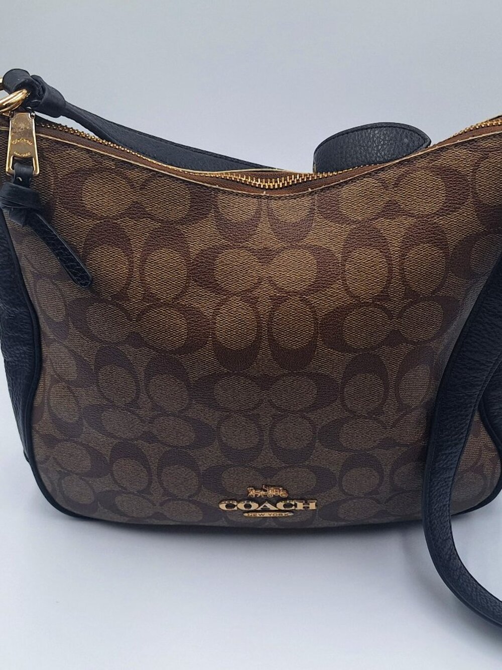 Coach Ellie File Bag Light Brown Pebble Leather Signature Canvas Crossbody Purse